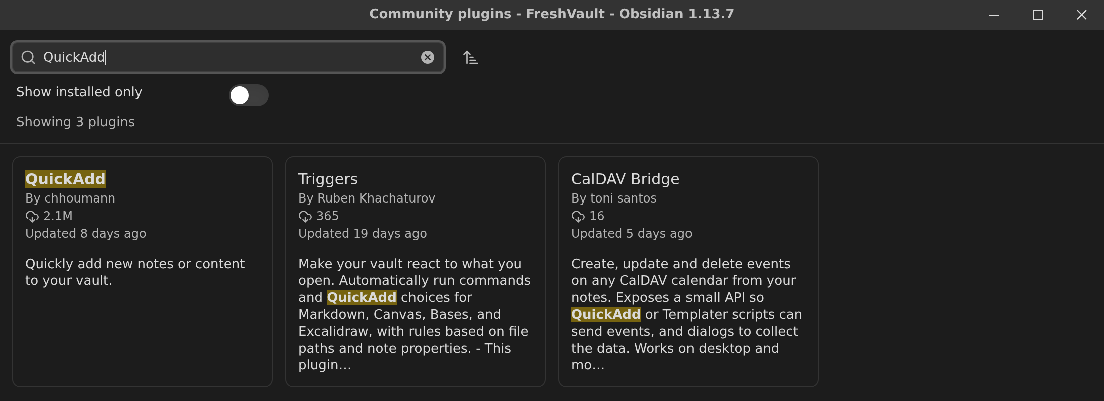 QuickAdd in Community plugins search