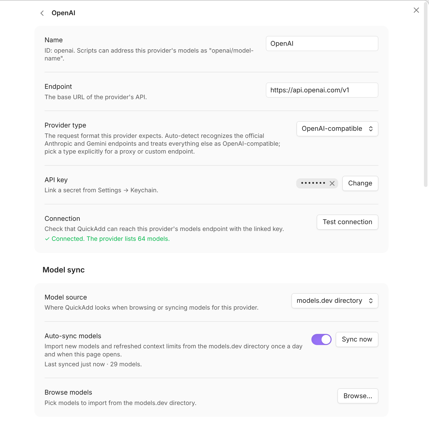 The OpenAI provider page: the API key shown as dots, Test connection reporting Connected with 64 models, and Auto-sync reporting the last sync