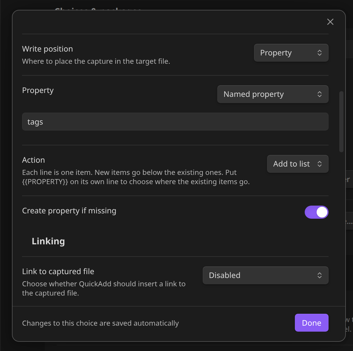 Capture settings with Write position set to Property, the property "tags", and the action Add to list, whose description reads "Each line is one item"