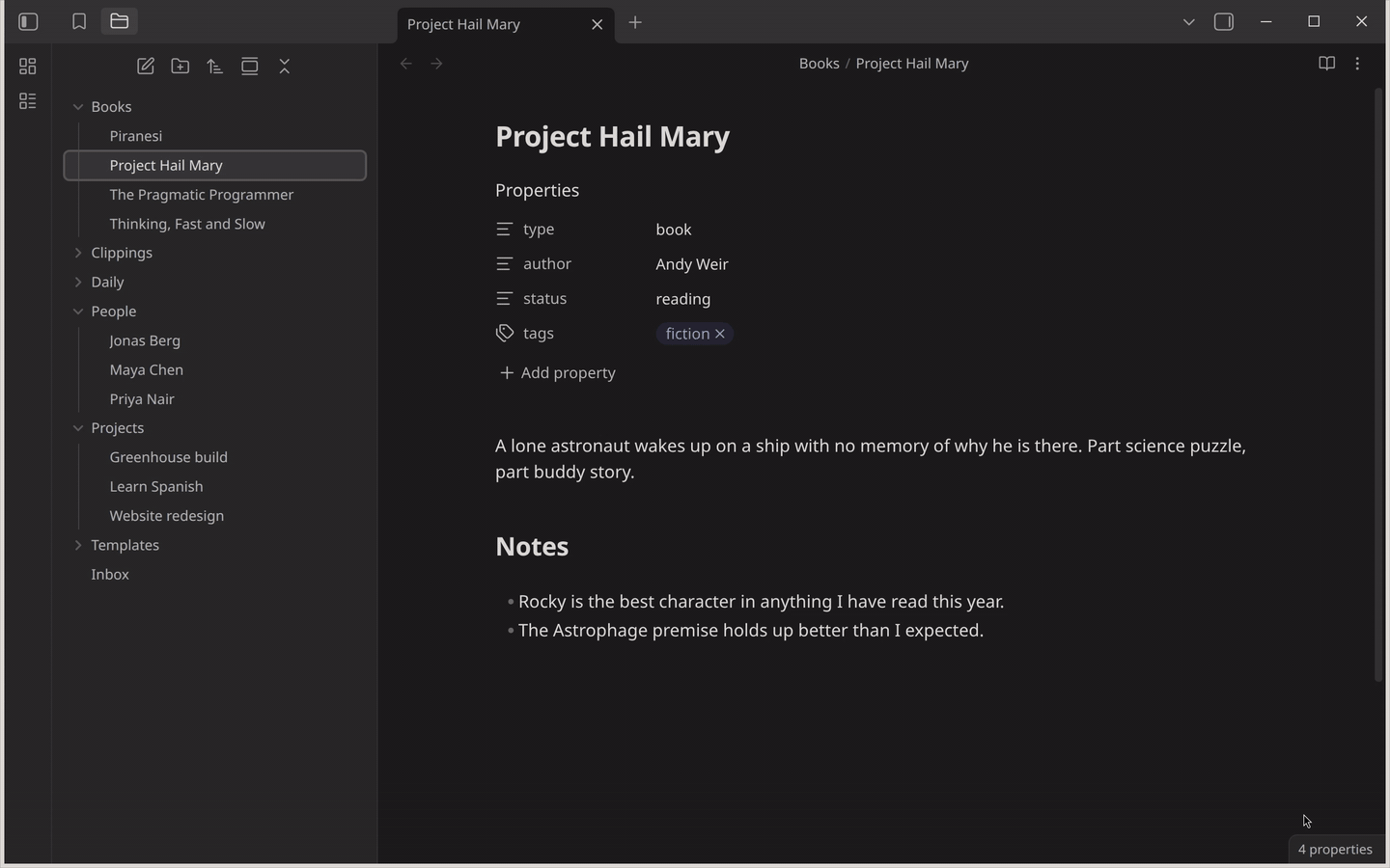 Running "Update book status" from the QuickAdd menu, picking Project Hail Mary, choosing "finished" from a list, and the status property changing in the open note