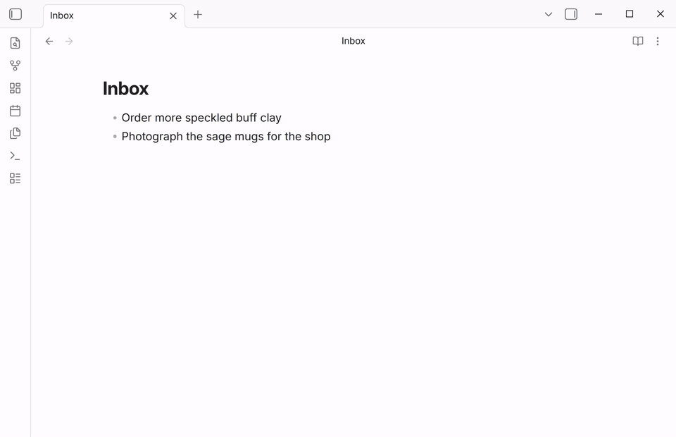 Running Brain dump from the command palette: three entries are typed one after another, each prompt opens empty, each entry appears as a new line in Inbox, and Esc closes the last prompt