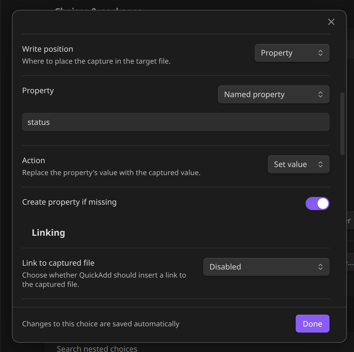 Capture settings with Write position set to Property, a named property "status", the action Set value, and Create property if missing turned on