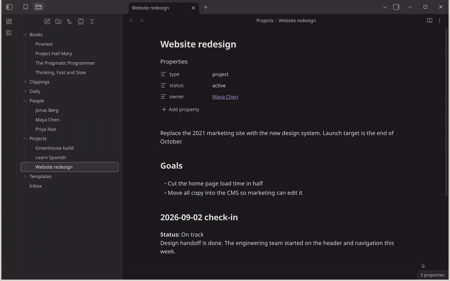 Running "Project check-in", typing "green", selecting "Append to: Greenhouse build", answering the status and summary prompts, and the new check-in section appearing at the bottom of the project note