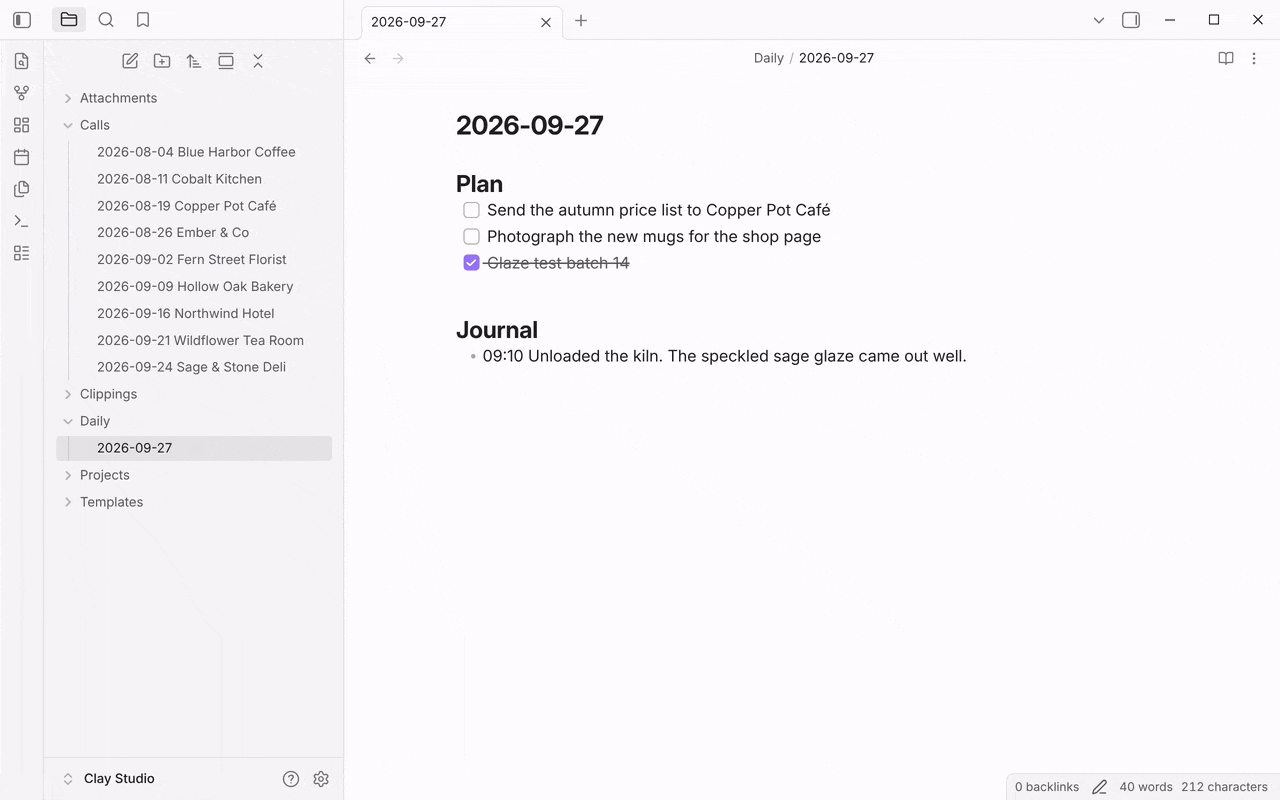 Running Log client call: the form asks Which client?, Who did you talk to?, and Where does the deal stand?; typing co lists Cobalt Kitchen and Copper Pot Café first; after Submit the new call note opens and the first note is typed under Notes