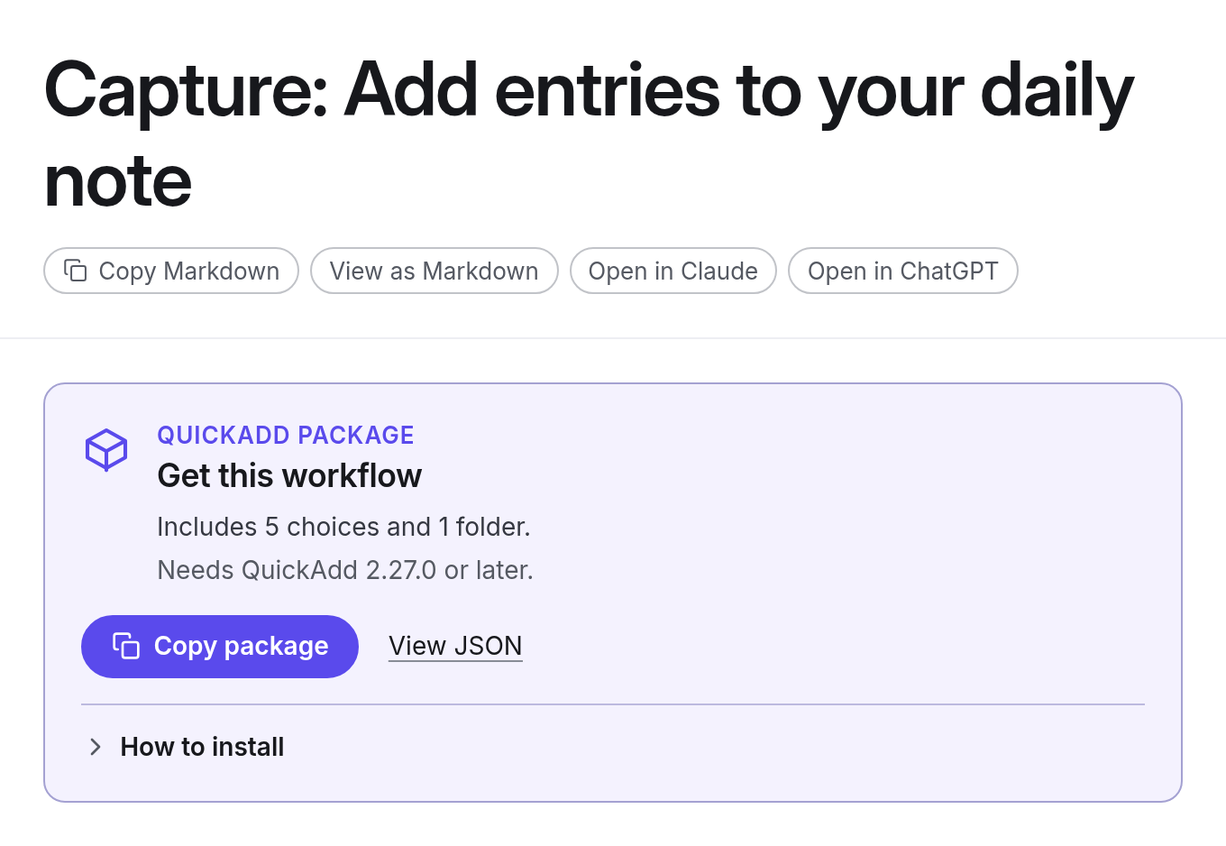 The Get this workflow card on the docs page Capture: Add entries to your daily note, with a Copy package button