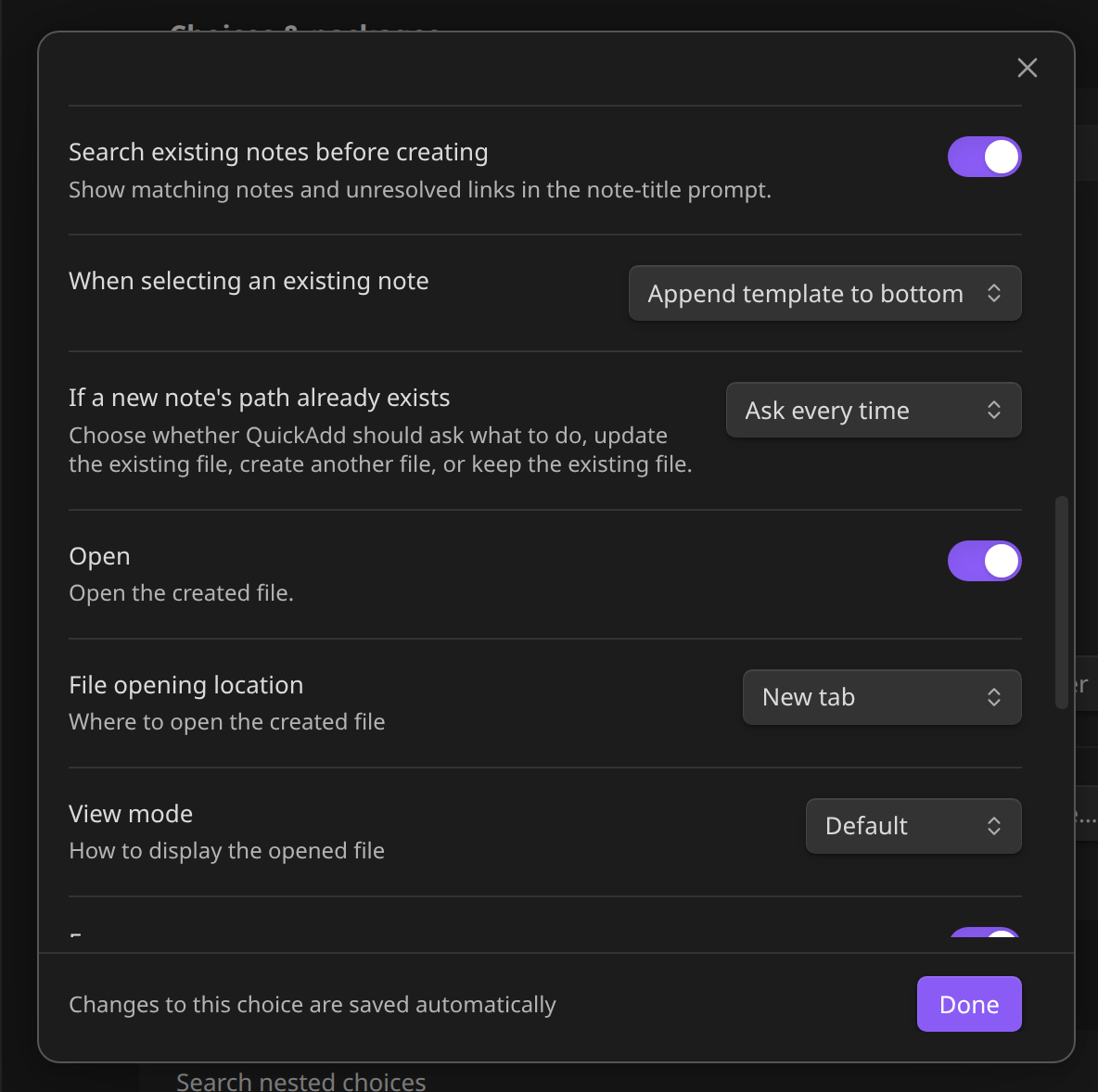 Template settings showing Search existing notes before creating turned on and When selecting an existing note set to Append template to bottom