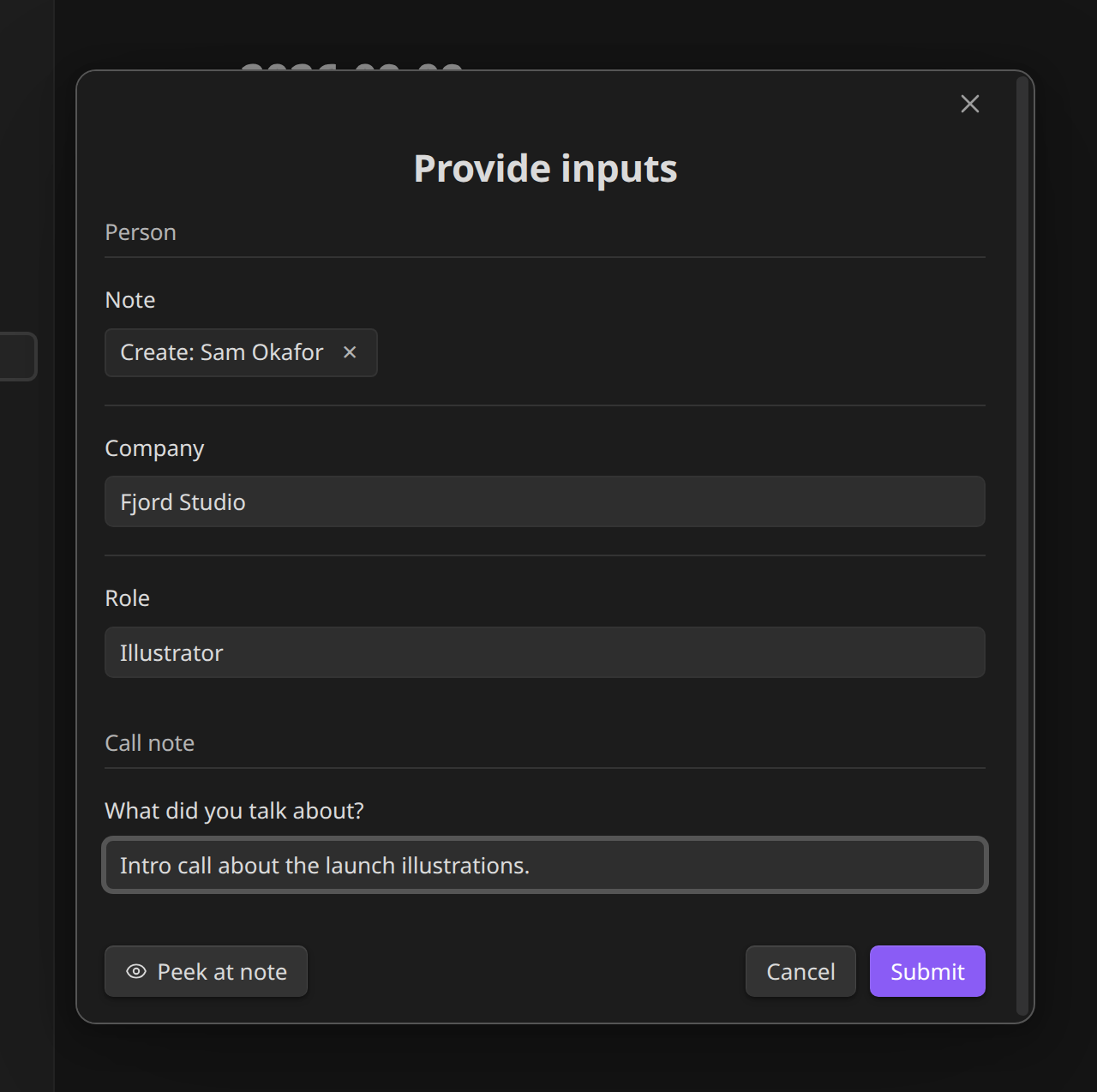 The same form after choosing "Create: Sam Okafor", now showing the Company and Role fields above the call note