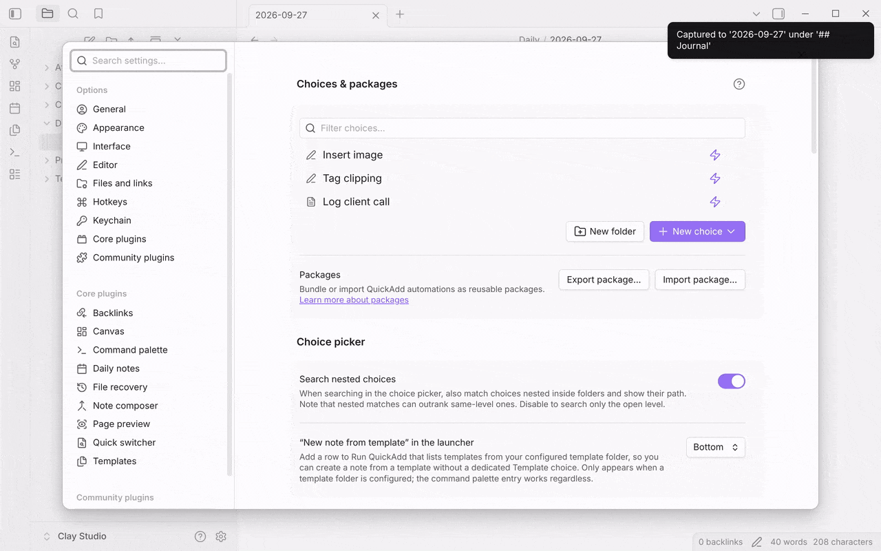 Importing the daily note package: pasting the JSON, reviewing the six choices, importing, then running Journal entry from the command palette and seeing the entry appear under Journal in today's note
