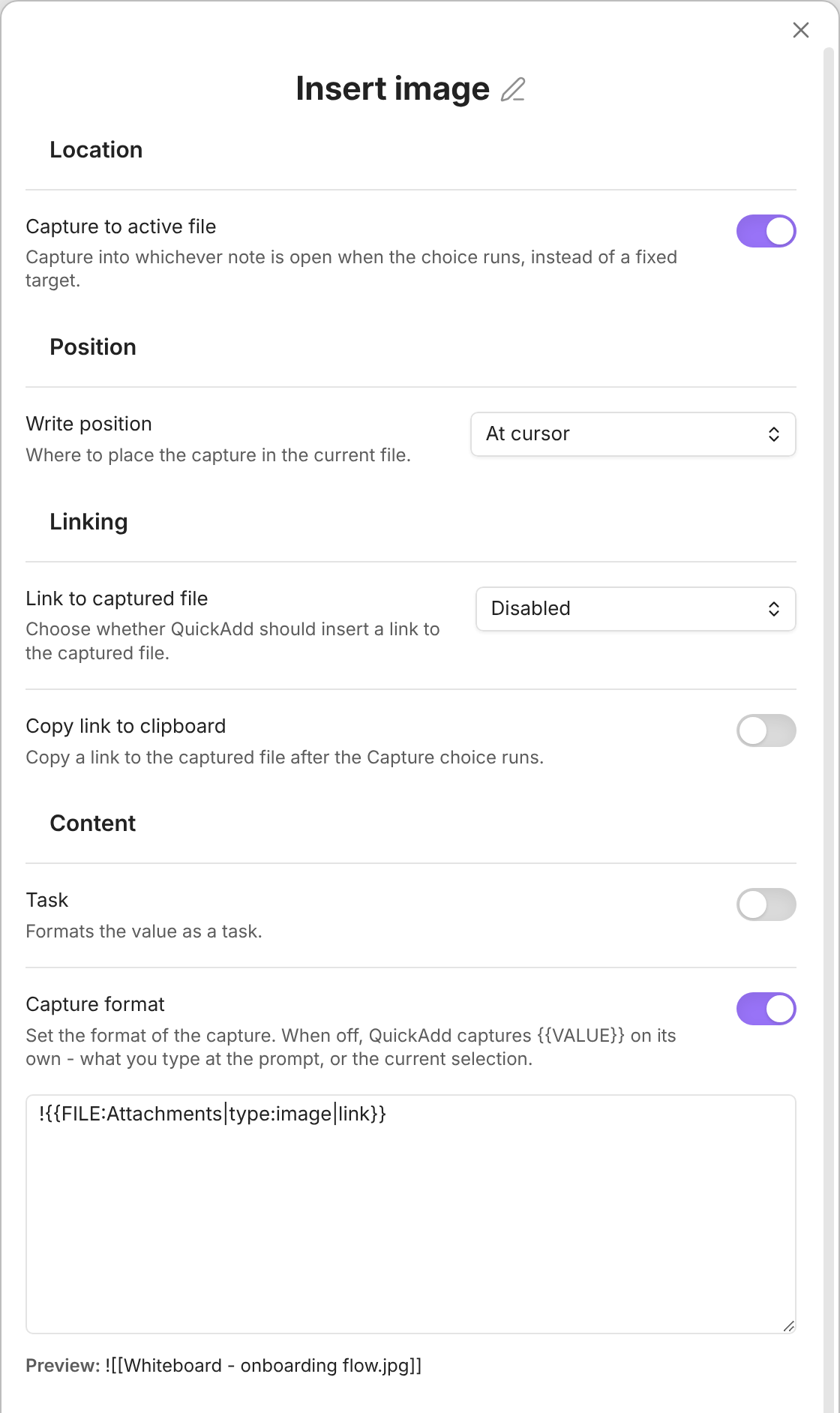 The Insert image Capture settings: Capture to active file on, Write position At cursor, and the Capture format with a preview of the embed