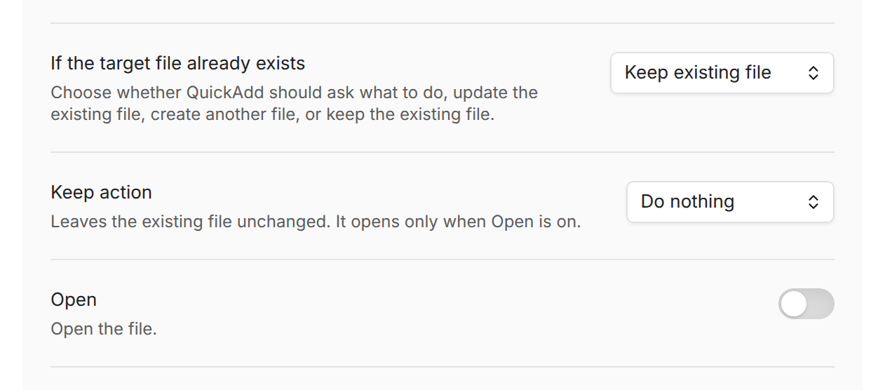 The Template choice's settings with If the target file already exists set to Keep existing file and Keep action set to Do nothing