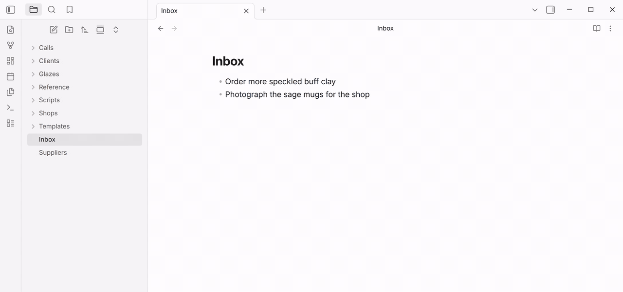 Running Brain dump: typing a link to Nora lists Nora Lindqvist first, Enter inserts the link, the finished line appears in Inbox with Nora Lindqvist as a link, and Esc closes the next prompt