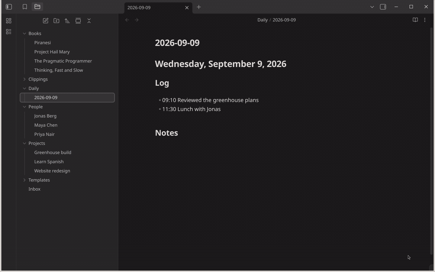 Running "Log a call", searching for "maya" in the Note field, picking Maya Chen, typing what the call was about, submitting, and the new line appearing under Log in her note