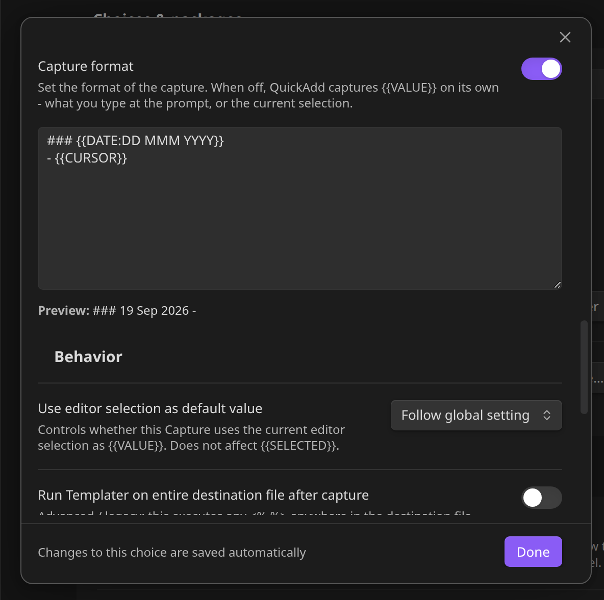 Capture settings showing the Capture format with a dated heading on the first line and "- {{CURSOR}}" on the second