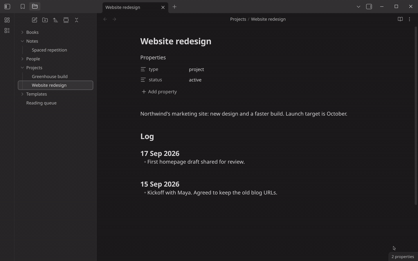 Running "Log entry" from the QuickAdd menu in a project note: a "19 Sep 2026" heading and an empty bullet appear under Log, and typing continues in the bullet right away