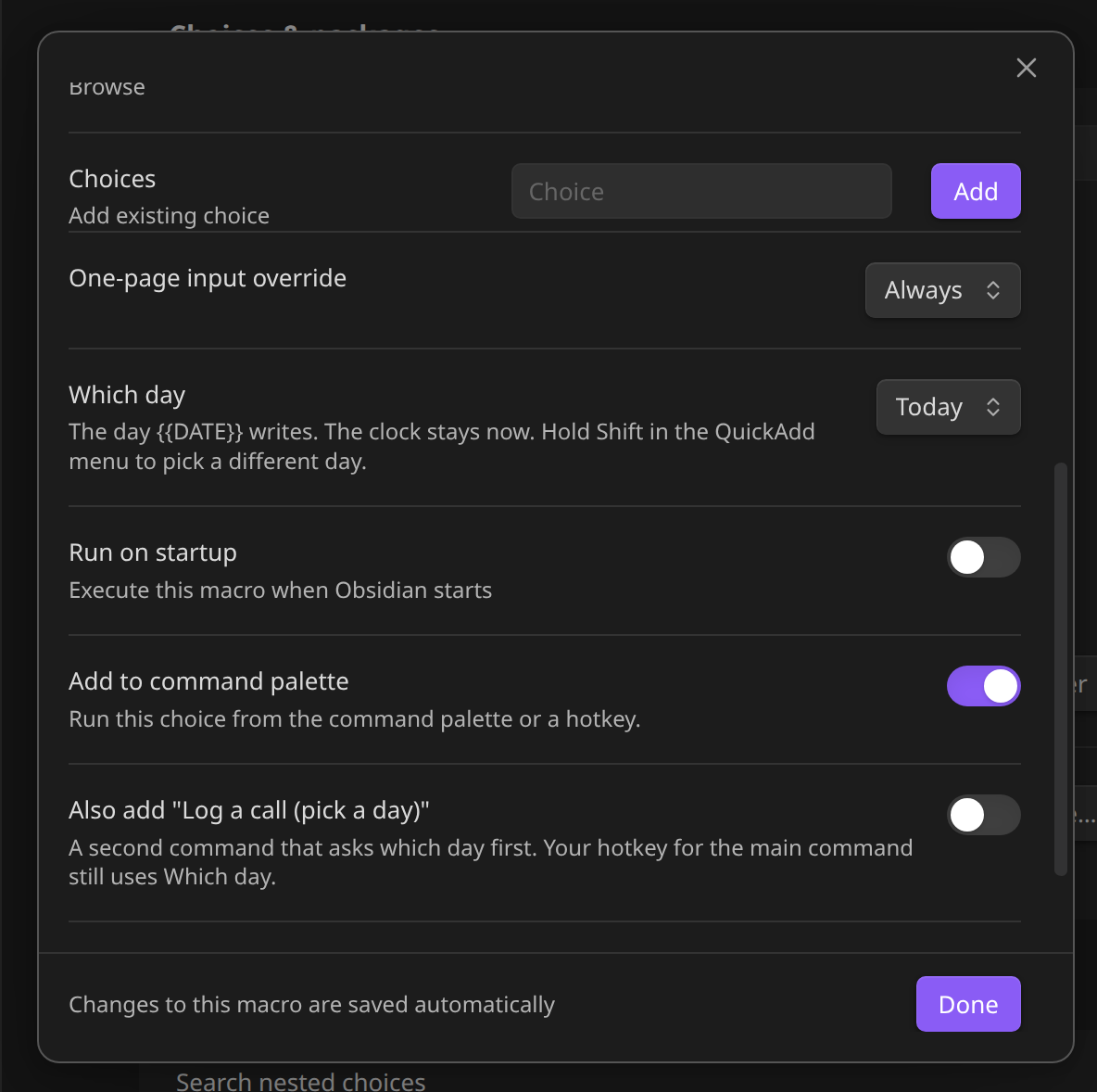 The Macro builder with One-page input override set to Always