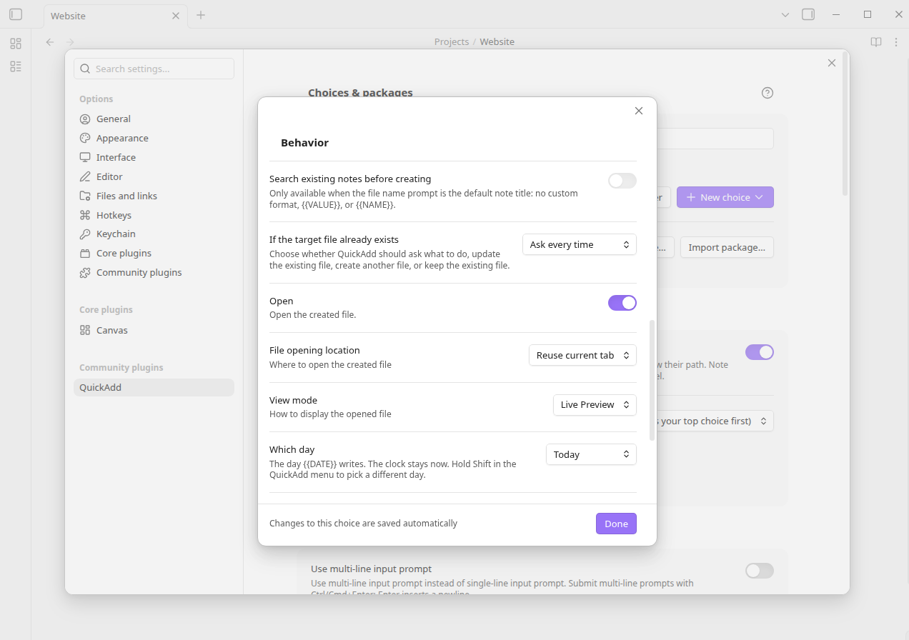 The Template choice settings with Open enabled, File opening location set to Reuse current tab, and View mode set to Live Preview