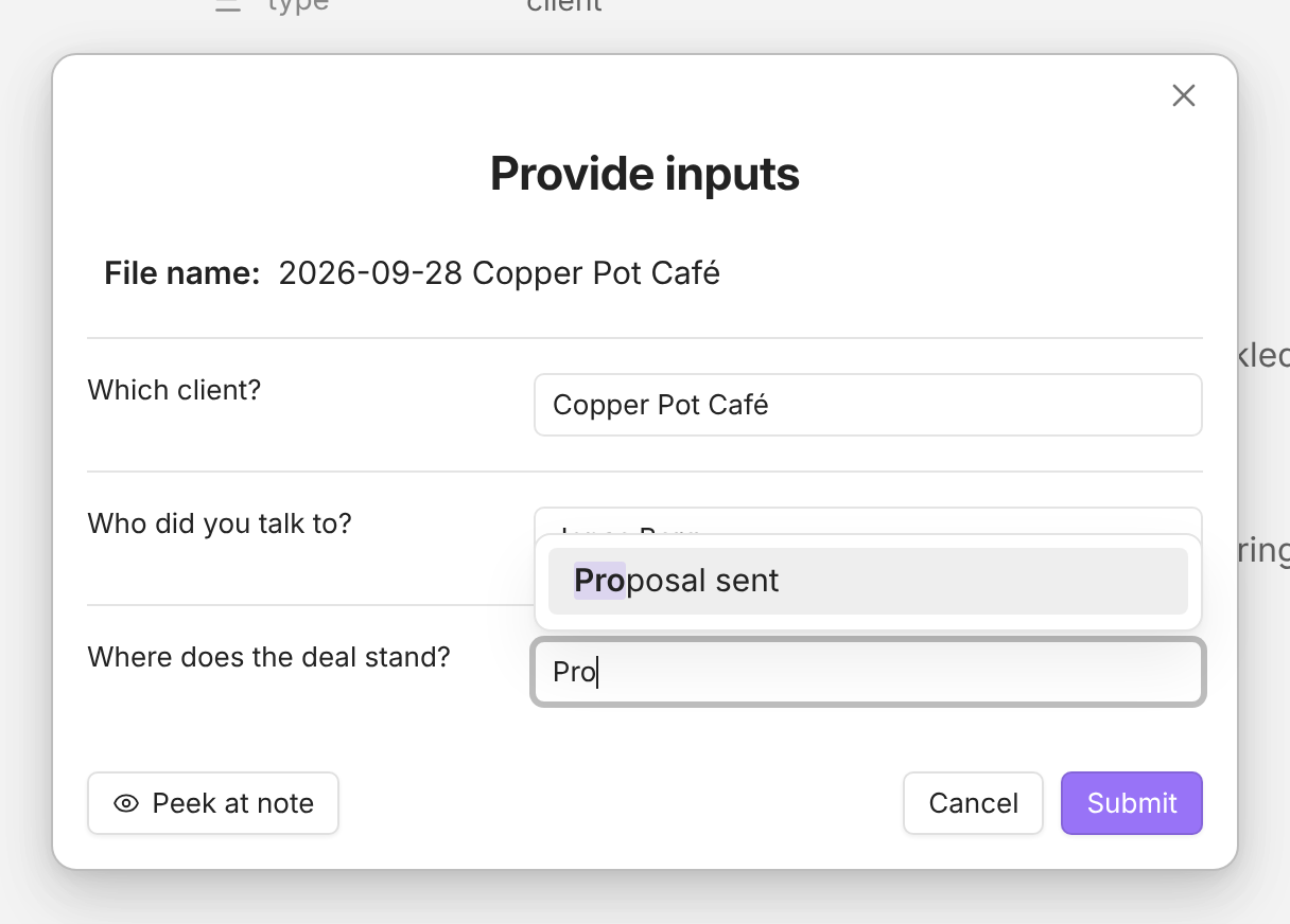 The Log client call form with Pro typed in Where does the deal stand?: the Proposal sent suggestion opens above the field, and Cancel and Submit stay visible