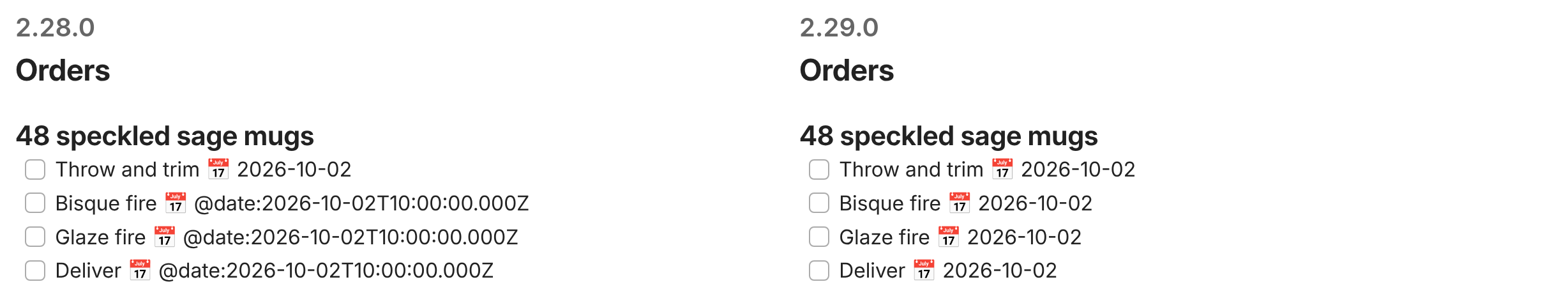 The same order checklist in 2.28.0 and 2.29.0. In 2.28.0, the first task reads 2026-10-02 and the other three read @date:2026-10-02T10:00:00.000Z. In 2.29.0, all four read 2026-10-02