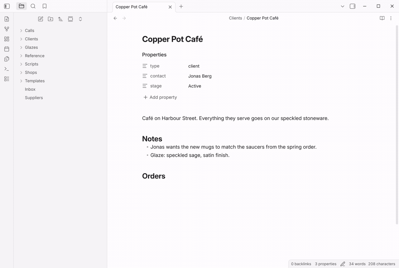 Running Plan an order in the Copper Pot Café note: the prompt asks What's the order?, then the due date prompt turns friday into 2026-10-02, and a checklist with four tasks, each due 2026-10-02, appears under Orders