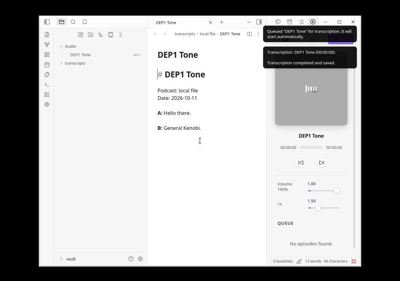 Diarized transcript note written through the new client