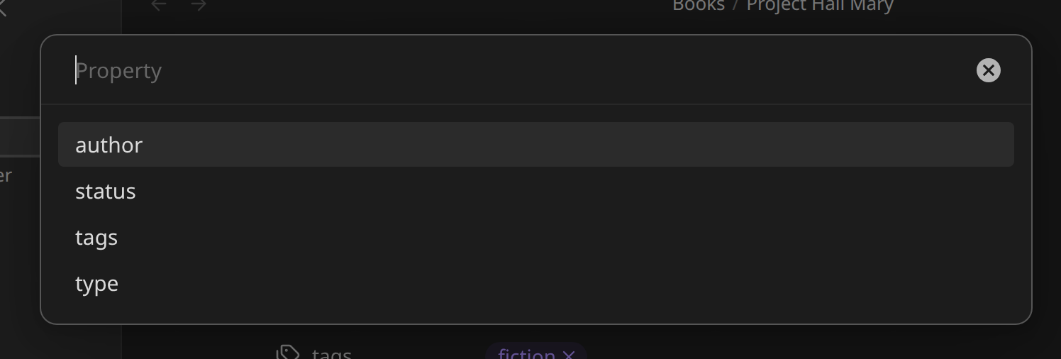 The runtime property picker listing the open note's properties: author, status, tags, type