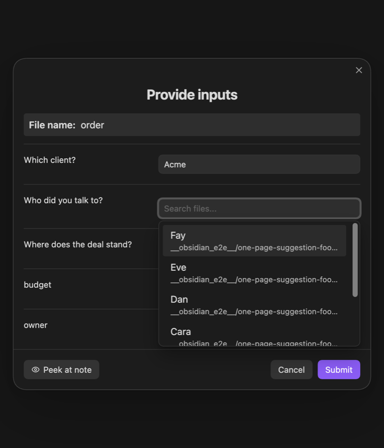 The same list opens below the field, shortened with a scrollbar, and the title and the Which client? field stay visible