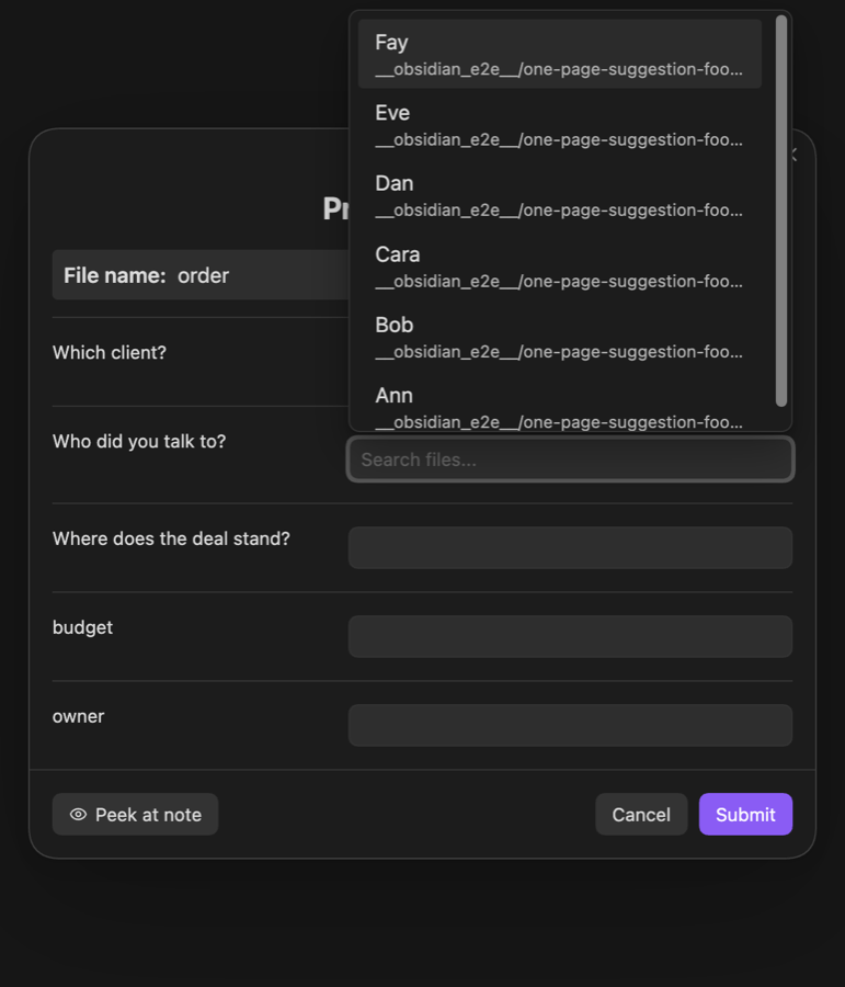 The suggestion list for Who did you talk to? opens upward and covers the form title and the Which client? field
