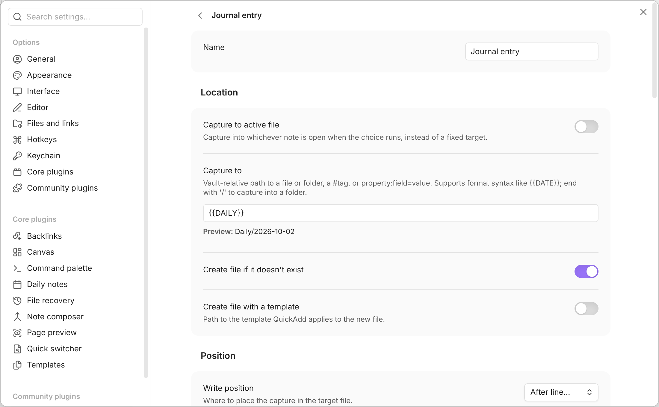 The Journal entry Capture's settings as a page in the Settings window: a back arrow and the choice's name at the top, a Name field, then Location with Capture to set to {{DAILY}}