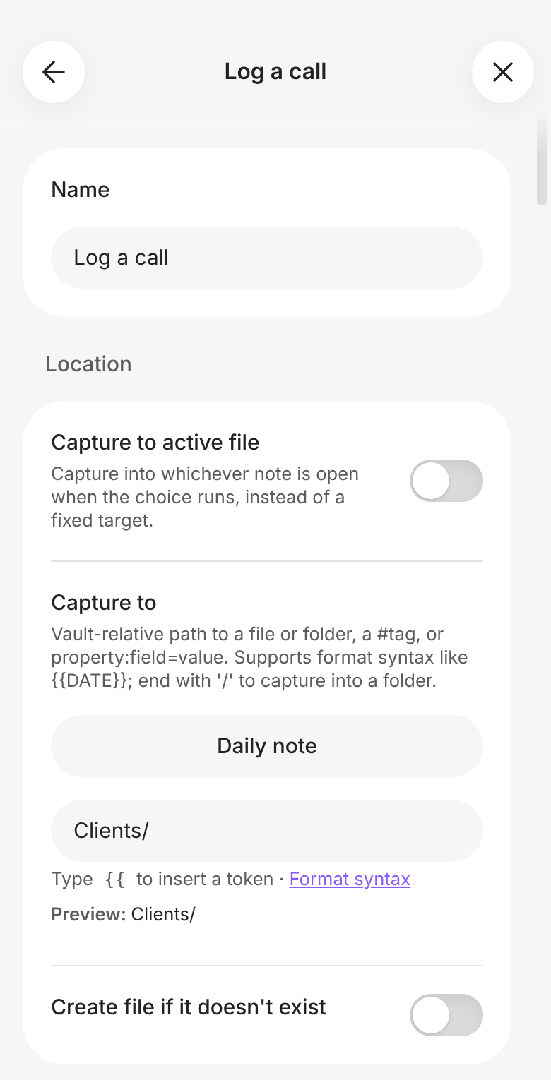 The Log a call Capture's settings on a phone: a back arrow, the title Log a call, and a close button at the top, then the Name field and the Location section with its toggles lined up on the right