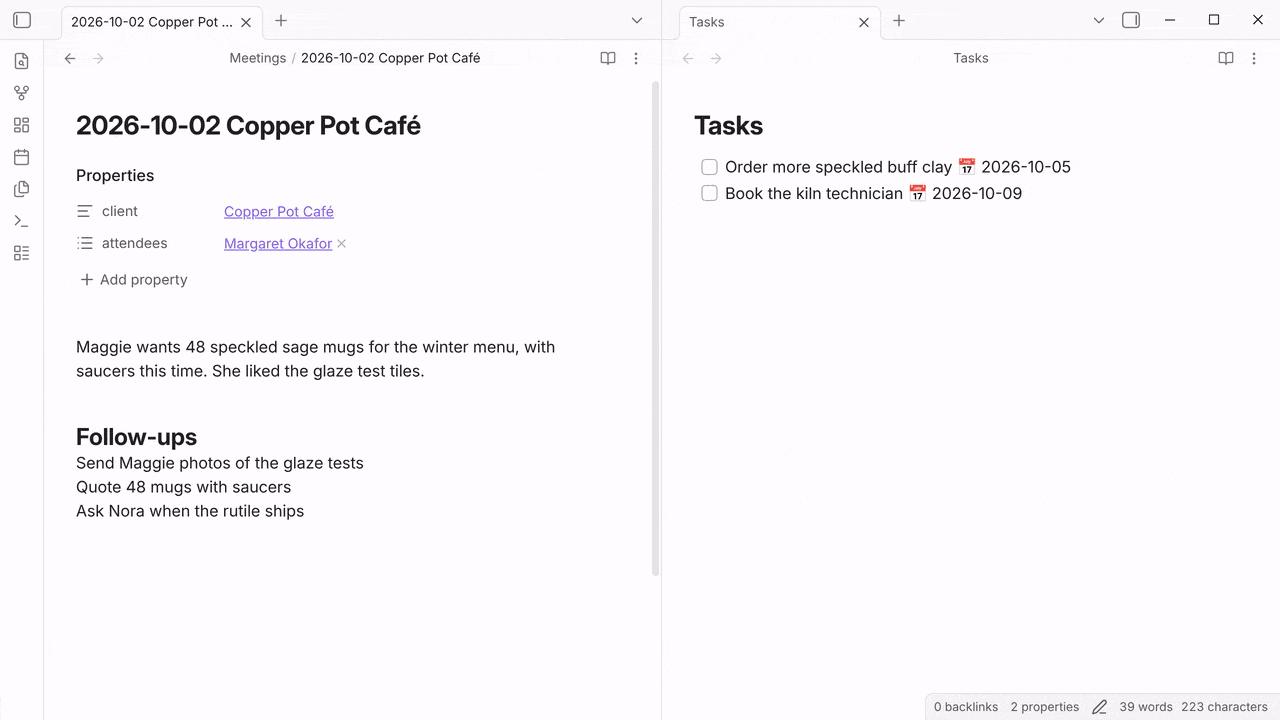 In a meeting note with Tasks open on the right, three follow-up lines are selected, Tasks from meeting is run, the date prompt titled When are these due? turns monday into 2026-10-05, and three tasks appear at the bottom of Tasks, each due 2026-10-05 and linking back to the meeting