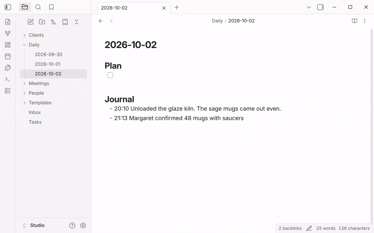 The Log a call form opens with both note pickers empty. The topic is typed and Submit is clicked: a notice asks to choose a file for Select capture target file. cpc picks Copper Pot Café, Submit again asks for Who did you talk to?, maggie picks Margaret Okafor, and the third Submit writes the line into Copper Pot Café under Calls