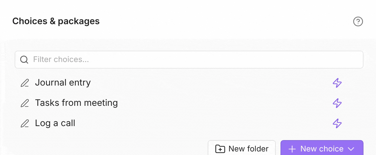 The Choices list in Settings, open on a laptop: a fourth choice, Kiln log, added on another device, appears below Journal entry, Tasks from meeting, and Log a call without a reload