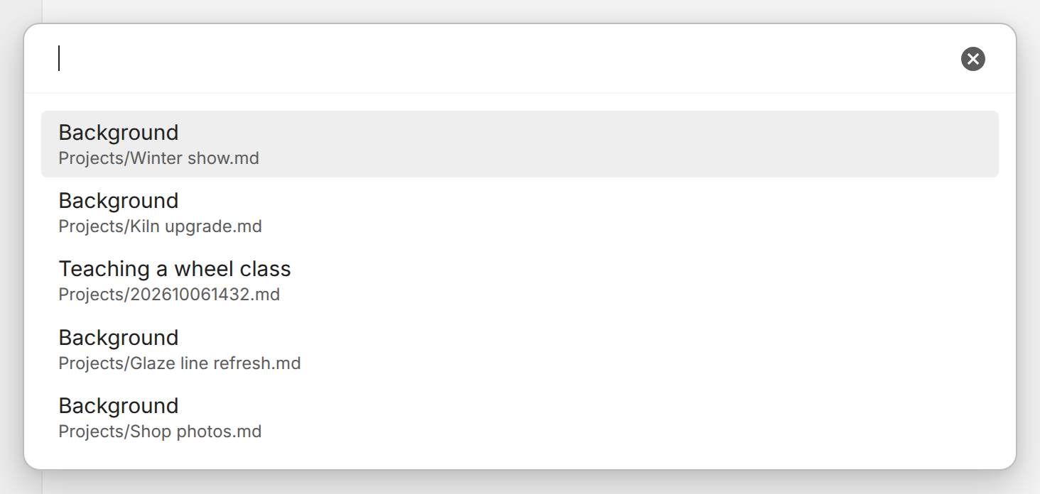 The picker lists four project notes, each titled Background, with only the path beneath telling them apart