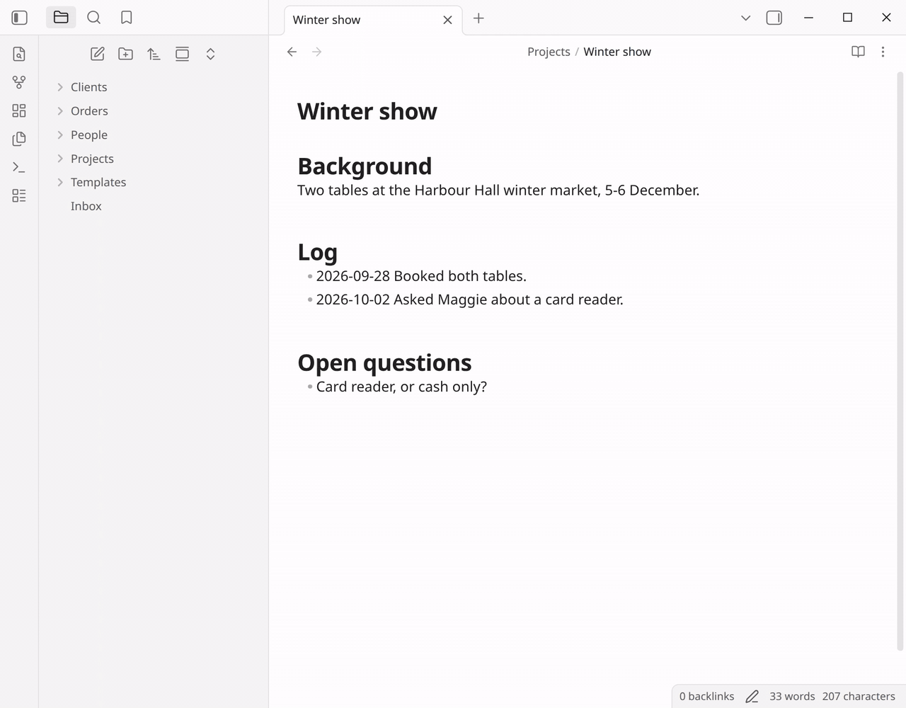 Running Log to project from the command palette while Winter show is open: the picker lists the projects by name, typing kiln leaves Kiln upgrade, an entry is typed, and Kiln upgrade opens with the new dated line at the end of its Log section
