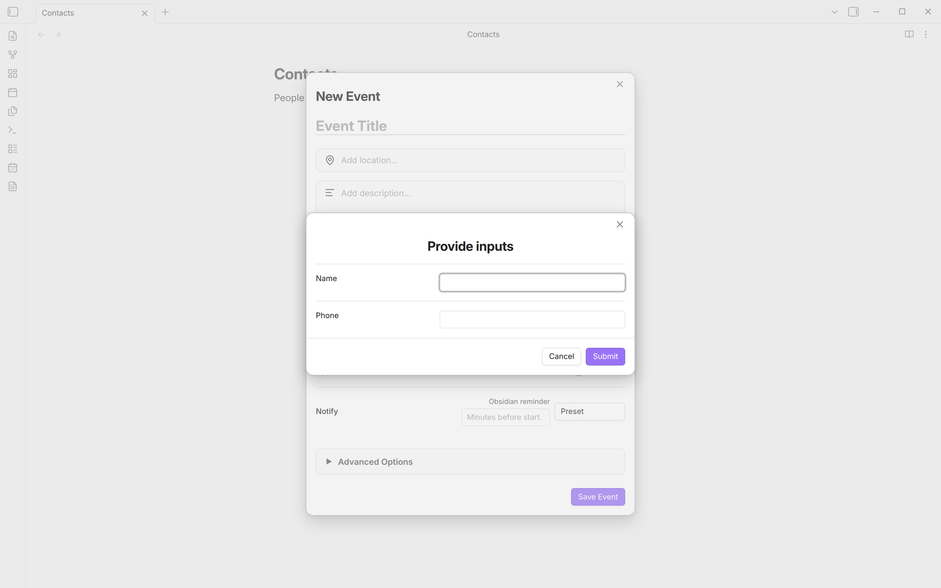 After Return, the QuickAdd form with its Name and Phone fields is in front of the New Event window