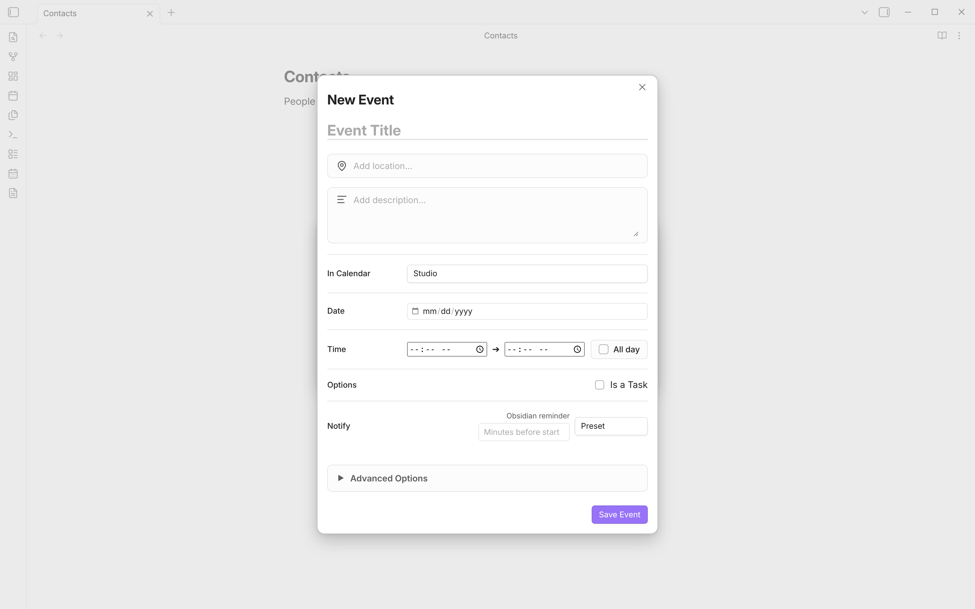 After Return, Full Calendar's New Event window covers the QuickAdd form, and only the form's edges show behind it