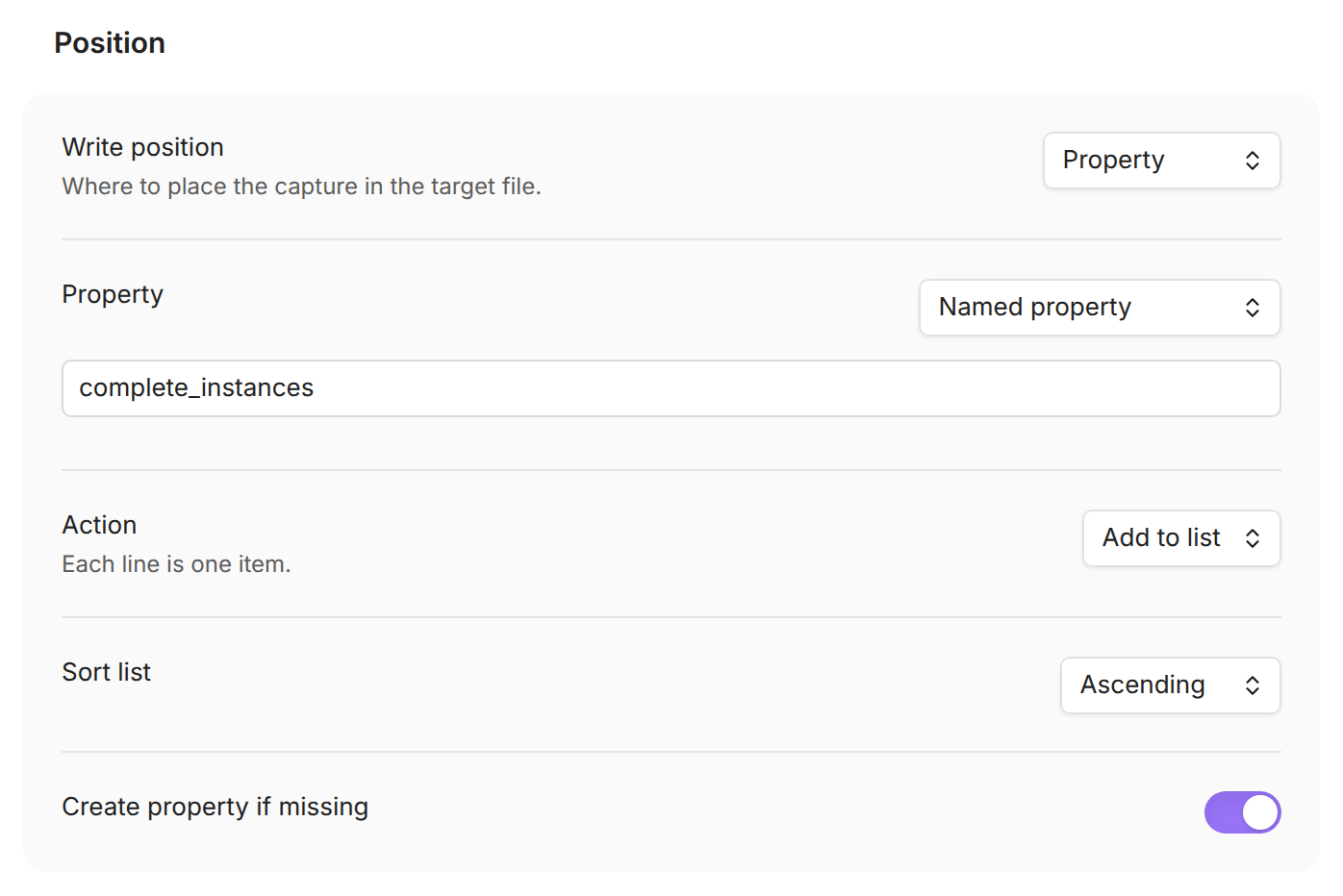 The Position section of the Capture's settings: Write position is Property, Property is complete_instances, Action is Add to list, and Sort list is Ascending