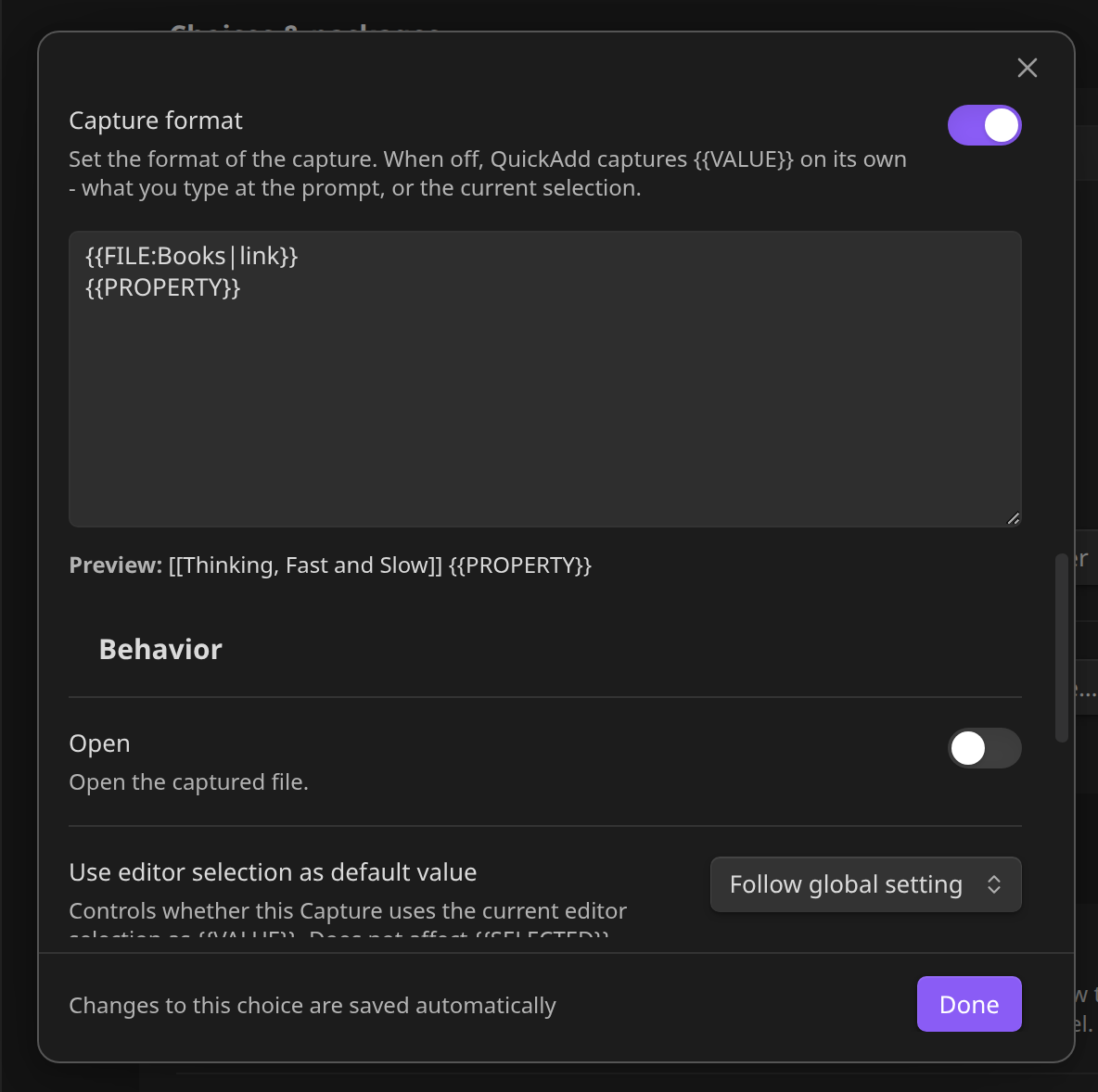 Capture settings showing the Capture format with a FILE picker on the first line and {{PROPERTY}} on the second