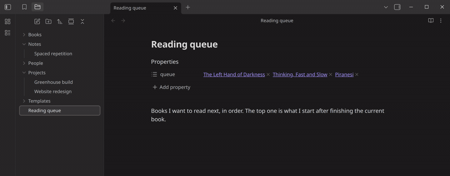 Running "Move to top of queue", picking Piranesi from the Books folder, and the queue property reordering so Piranesi is first