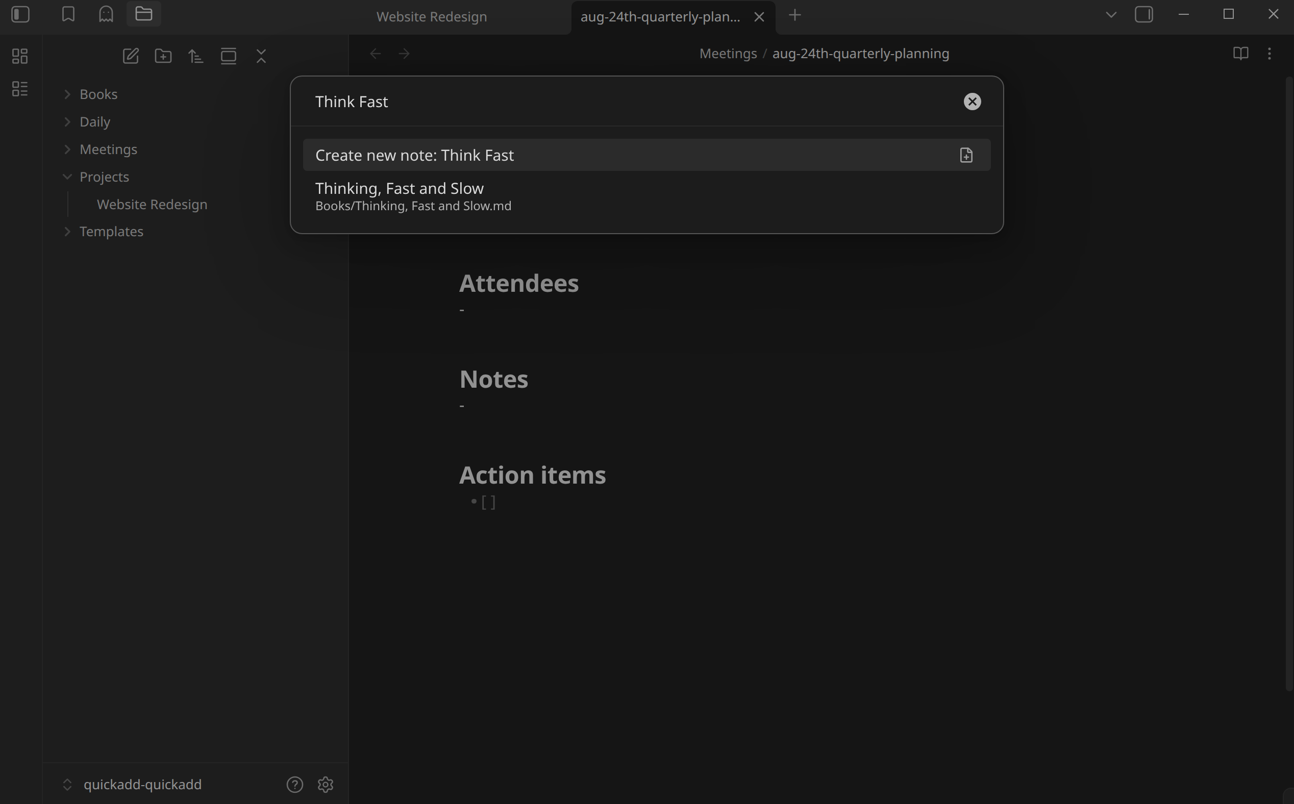 Capture picker with the create action selected above a fuzzy match