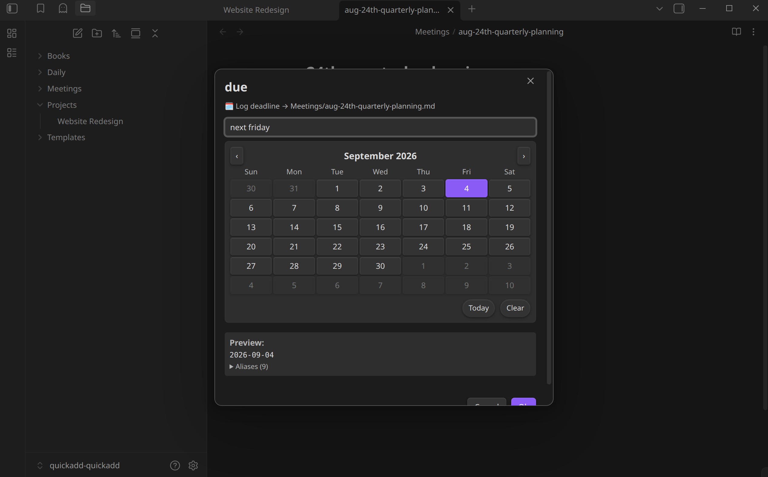 The VDATE date picker resolving "next friday" with the calendar on the right month