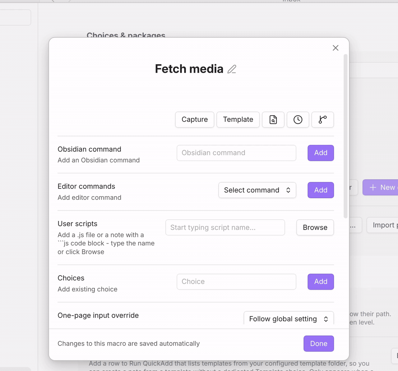 In the Fetch media macro's settings, typing fetch in the User scripts box lists Scripts/Movies/fetch.js and Scripts/Books/fetch.js. Books is added, then Browse lists each script's name with its path below, typing movies finds Scripts/Movies/fetch.js, and both steps show their full paths