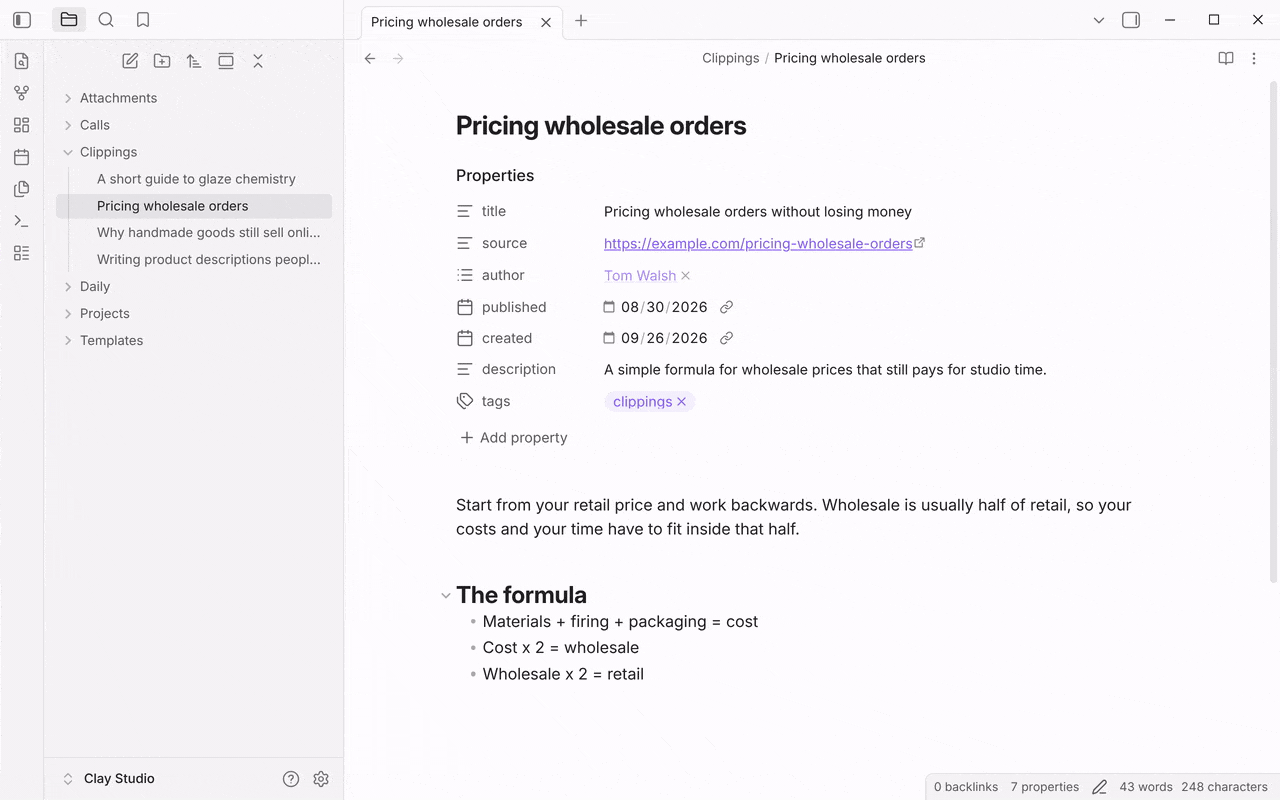 Running Tag clipping on a clipping: the picker titled tags lists six topics, business and pricing are ticked, and the tags property changes from clippings to clippings, business, pricing, to-read