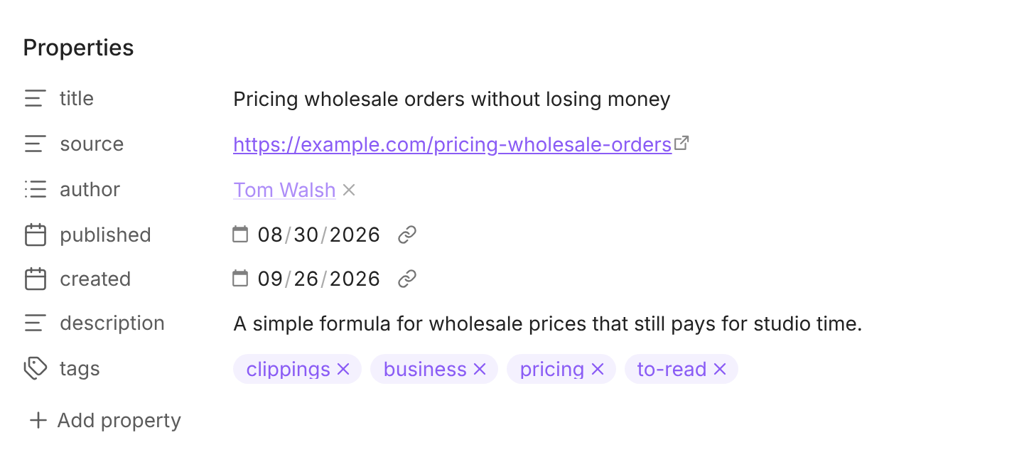 The clipping's properties after the capture, with four separate tags