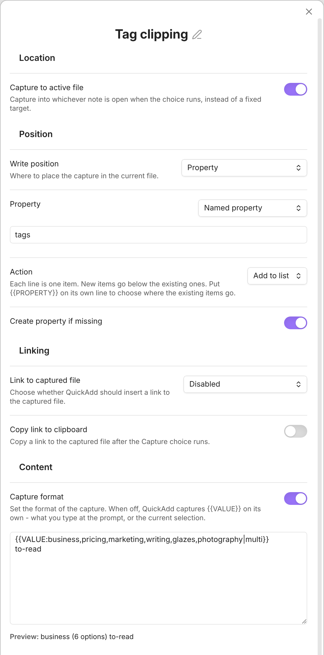 The Tag clipping Capture settings: Write position Property, property tags, action Add to list, and the two-line Capture format